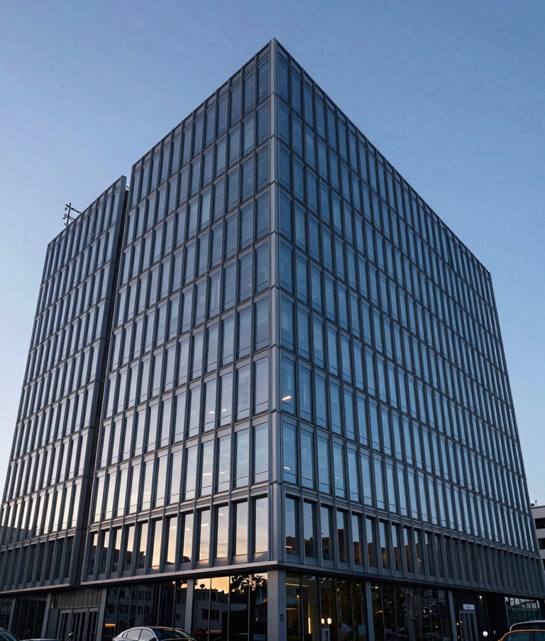 Wide shot of a contemporary glass and steel architectural corporate building in Central European city, dusk lighting with sky blue reflections on the facade, clean aesthetic reflecting stability and progress.