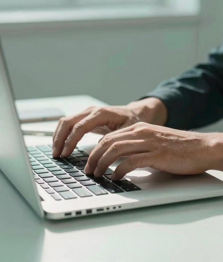 Close-up of professional hands typing on a high-end laptop keyboard in a sunlit Italian studio. The atmosphere is professional and modern, with soft mint and muted teal color tones throughout the minimalist workplace.