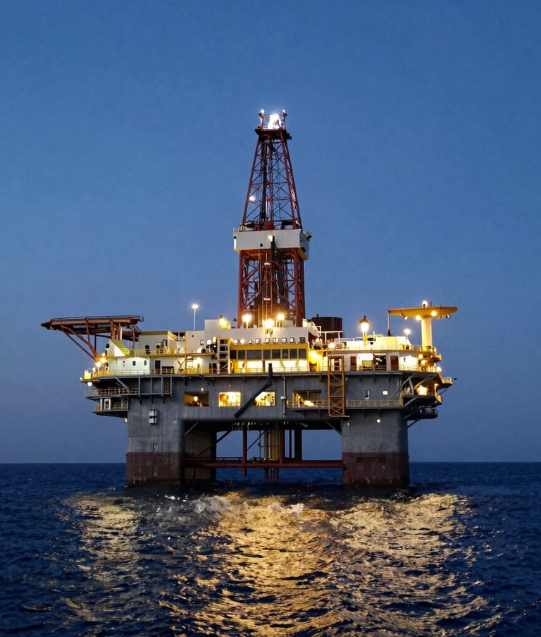A wide-angle landscape shot of an offshore drilling platform at blue hour, with glowing golden lights reflecting on the dark navy water, symbolizing powerful global reach and reliable energy production, International / Global.