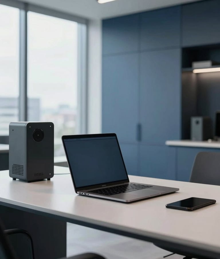 Modern minimalist workspace in a South American corporate building, focusing on high-end hardware and laptop on a clean desk, bright natural light, professional blue and charcoal color scheme.