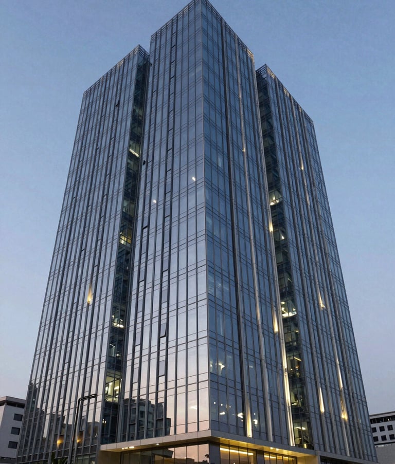 High-definition, realistic photography of a sleek, modern glass-fronted commercial building in Noida, India. The shot is taken from a low angle at dusk, with sophisticated architectural lighting highlighting the structure's clean lines.