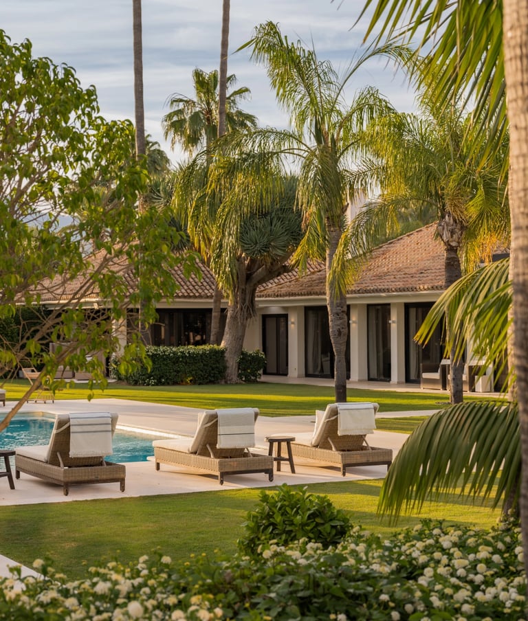 Sun loungers and palm garden by the pool at Villa El Olivo, Marbella Golf Valley.