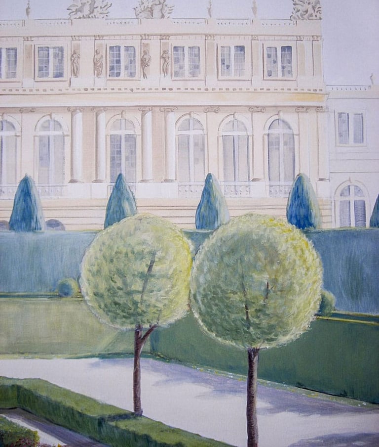 Detail of a hand painted mural with manicured trees and the corner of Versailles Castle
