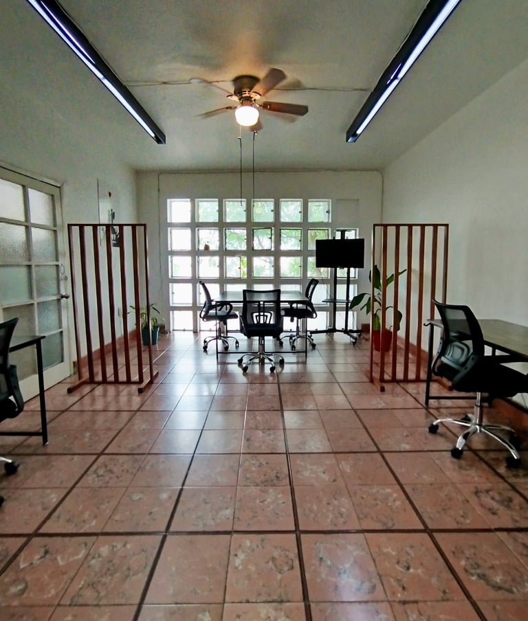 a office with a ceiling fan and a ceiling fan