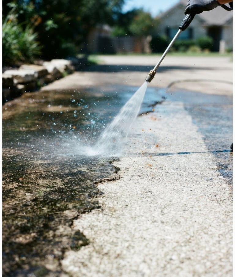 Close-up of a high-pressure water stream cleaning a grimy concrete driveway, revealing a clean path beneath, sharp commercial photography, bright Texas daylight, high contrast, saturated blue and orange tones, crisp details, 35mm