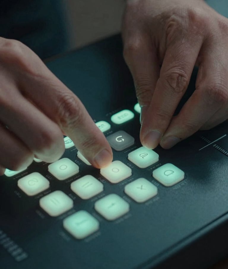 A close-up photograph of a professional's hands using a color grading control surface. The buttons are backlit with a soft seafoam glow against a dark midnight teal background.