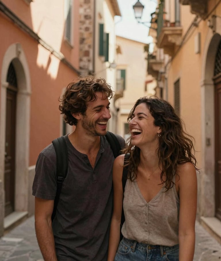 A spontaneous, authentic photo of a couple laughing together in a narrow street in Southern European / Italian architecture. Warm sunlight illuminates the ochre and sand-colored walls. Cinematic lifestyle photography focusing on genuine emotion.