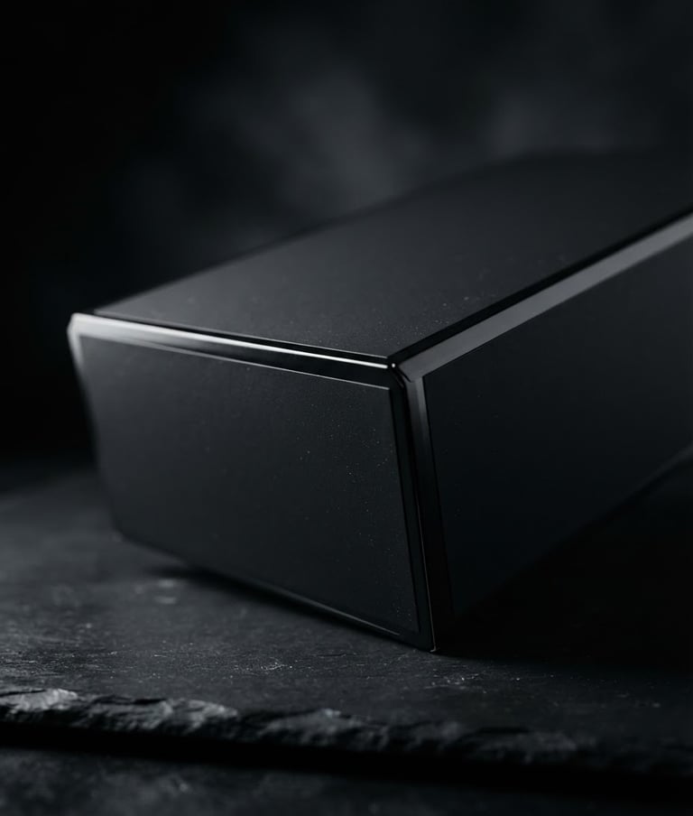 Dramatic low-angle shot of a sleek, dark product packaging rendered in photorealistic 3D, high-contrast studio lighting, moody dark background, cinematic mood, sharp macro details, 85mm lens