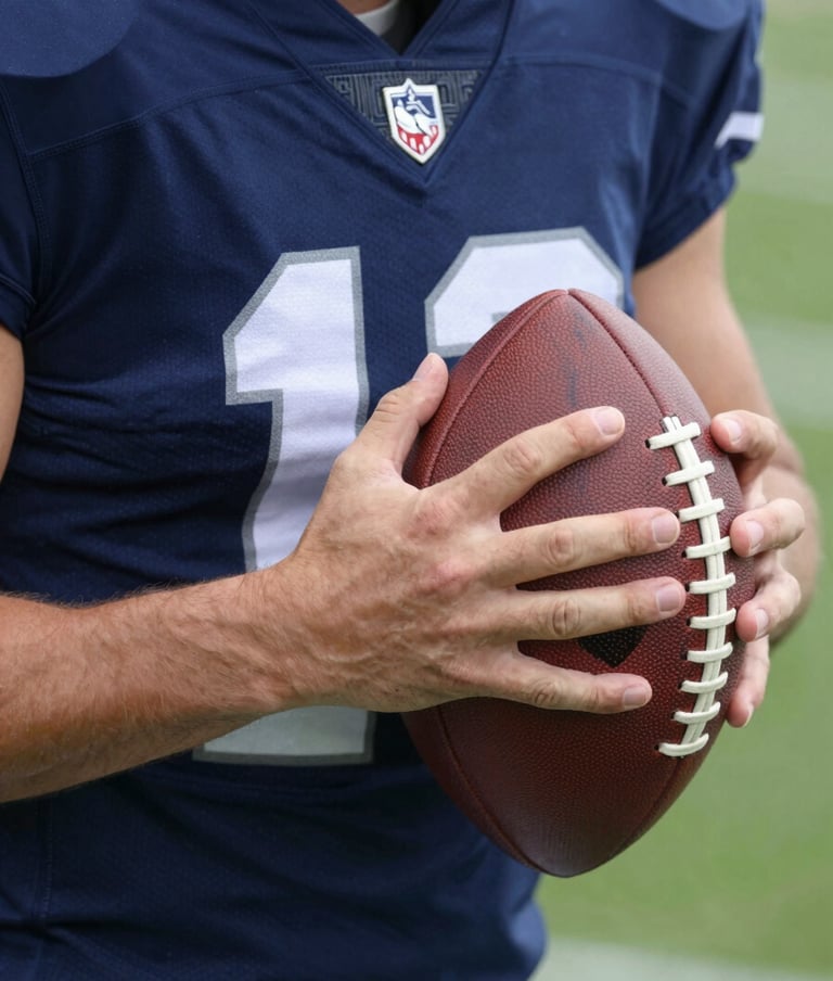 Close-up of the athlete's hands securing a football during a handoff. Sharp detail on the texture of the ball and the navy blue jersey (#1C2B3A). Professional sports photography.