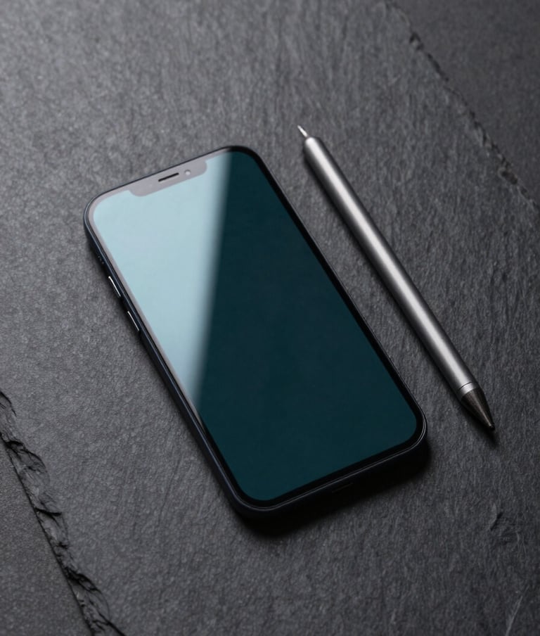 A top-down view of a modern smartphone placed on a dark slate gray surface. Beside it is a professional stylus. The composition is minimalist, highlighting sleek tech design. Lighting is sharp, creating crisp teal highlights on the glass surface.