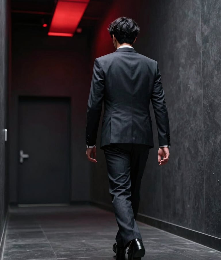 A stylized low-angle photograph of a person in a sleek dark suit walking through a dark grey industrial hallway lit by a single deep red light beam from above. Cinematic and powerful storytelling.