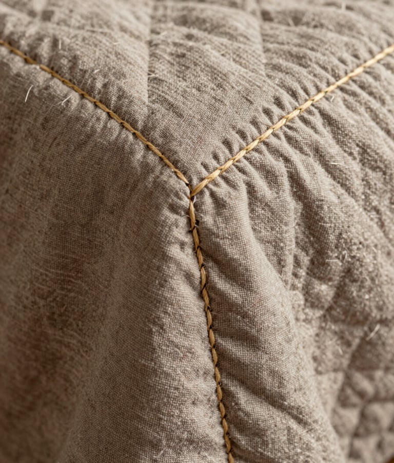 An extreme close-up of a quilt's corner, showing the intricate, even stitches of a master quilter. The fabric is a warm taupe linen, with thread in a contrasting soft sand color. The focus is sharp on the texture of the fabric fibers and the rhythmic pattern of the needlework.