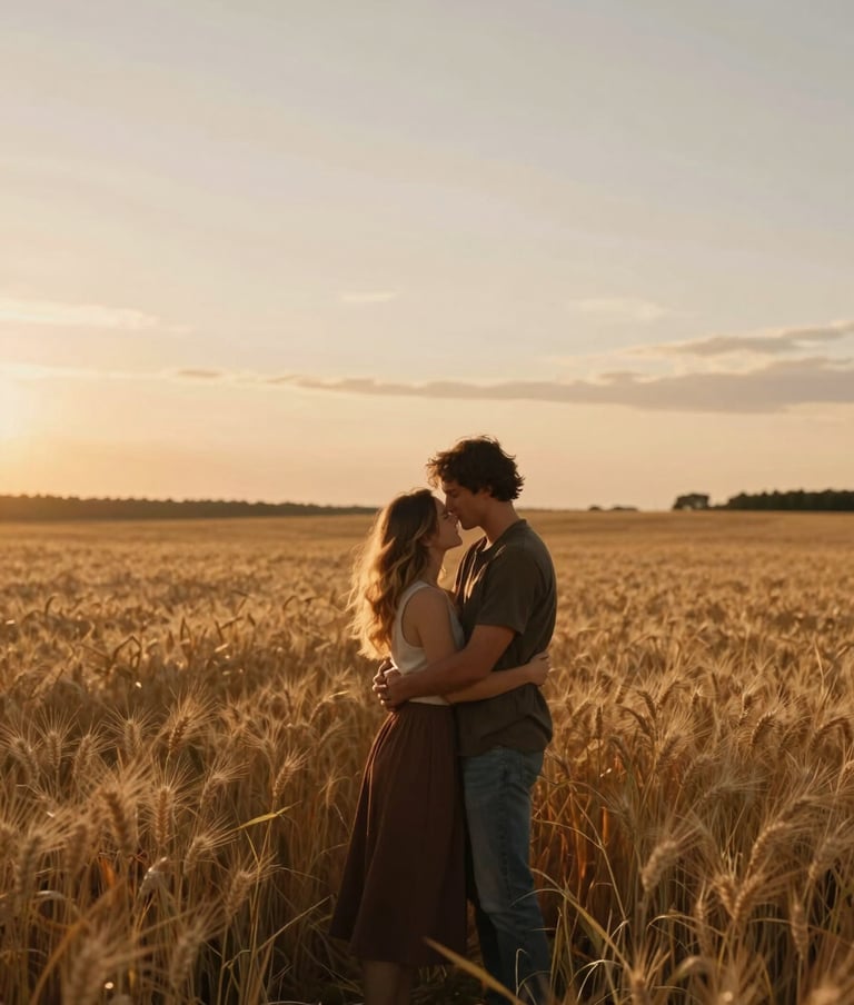 A candid, wide-angle photograph of a couple embracing in a golden wheat field during sunset in the North American / US countryside. The mood is deeply personal and romantic, with a sun-drenched, cinematic glow. Earthy deep brown and terracotta accents.