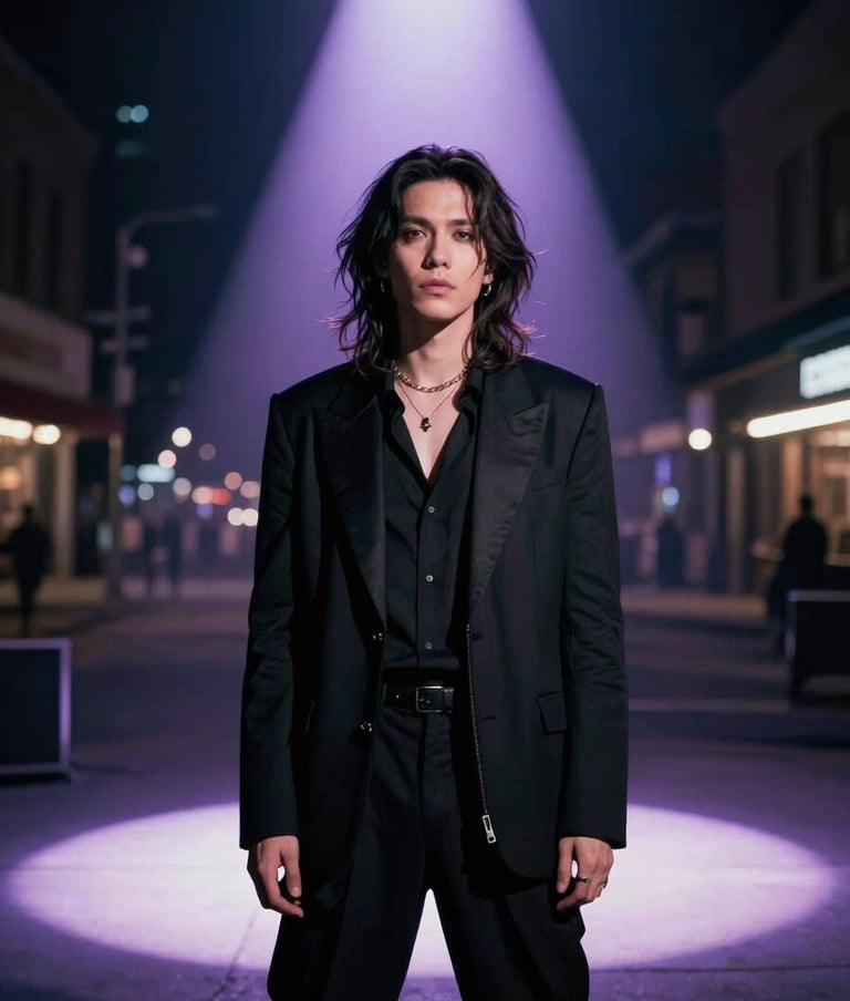 A dramatic, cinematic portrait of a musical artist with an unconventional aesthetic standing in a North American urban setting at night, lit by a sharp lavender spotlight.