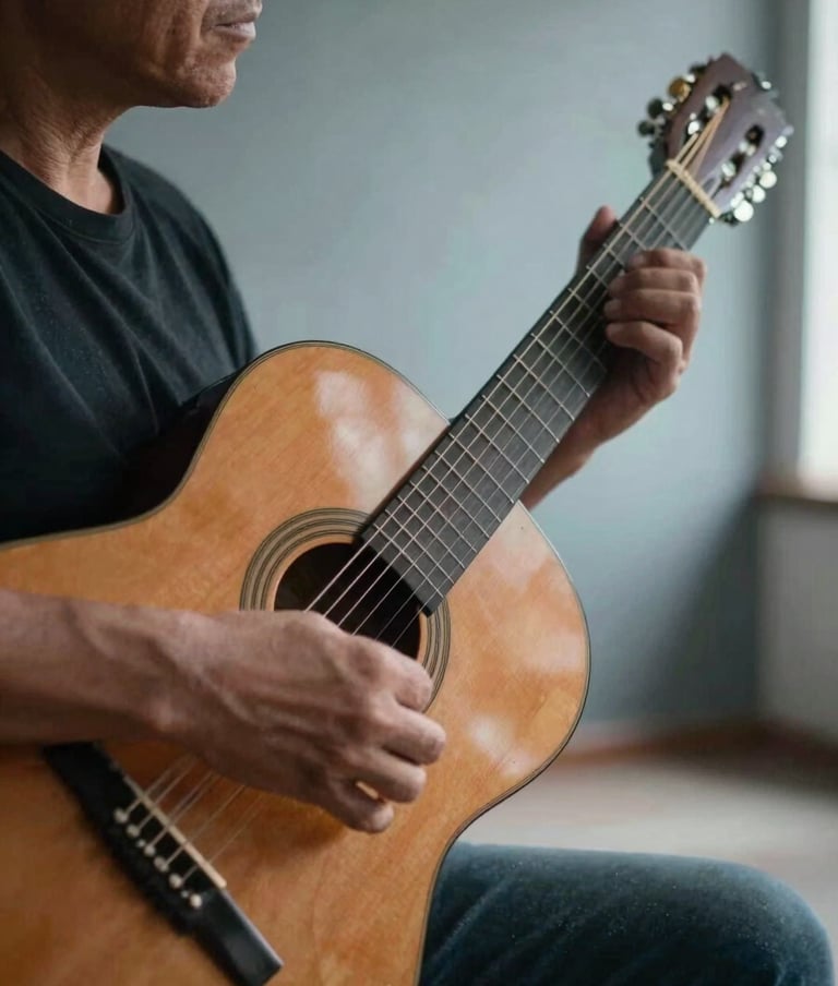 A close-up, artistic shot of a musician's hands playing an acoustic guitar. The setting is a minimalist room in a Latin American / Spanish home with natural light. The color palette features cool grey blue and warm wood tones.