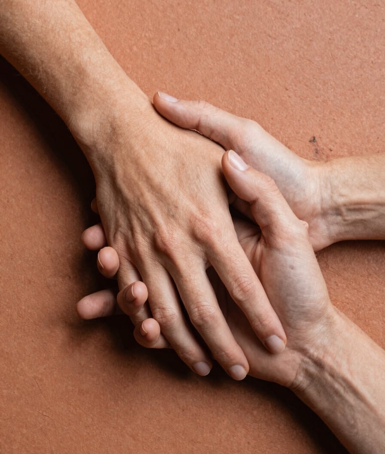 A detailed shot of Sarah and Tom's hands intertwined, resting on a textured terracotta surface. The lighting is natural and inviting, emphasizing the authentic human connection.