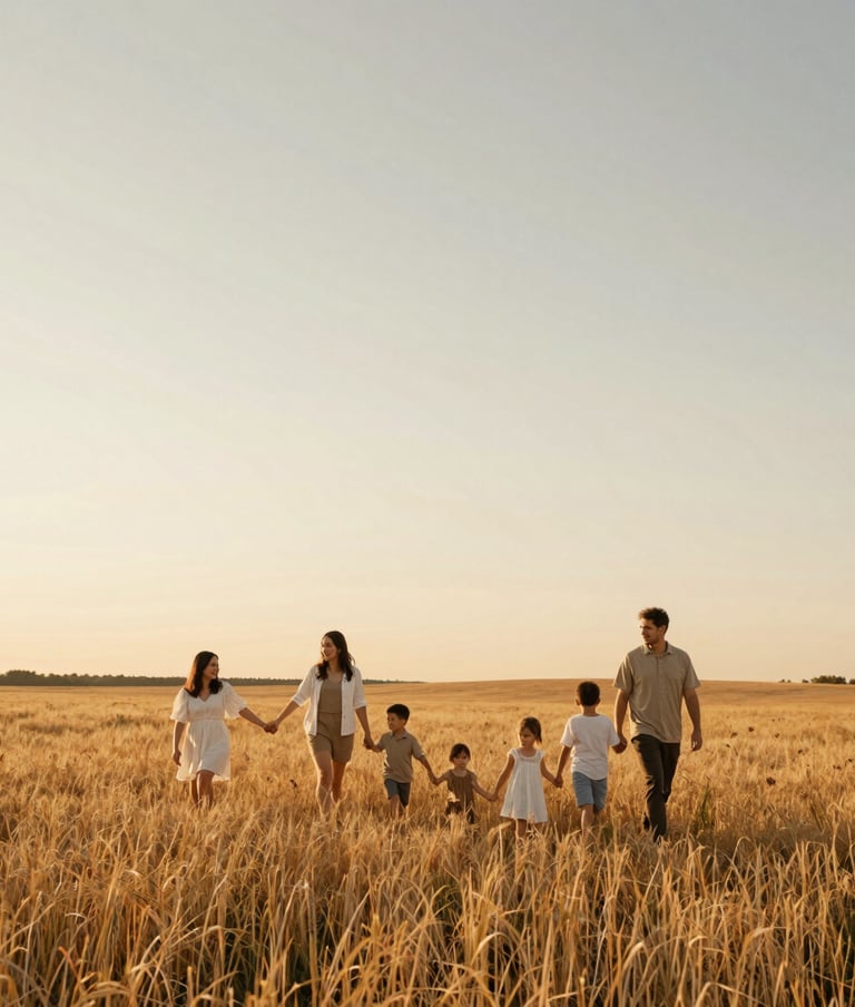 A candid photograph of a family walking through a golden field in Burlington, North American / Canadian, during sunset, soft warm lighting, minimalist composition with ample sky, off-white and taupe clothing tones.