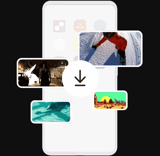 Smartphone interface showing a download icon and various video thumbnails including skiing and urban scenes.