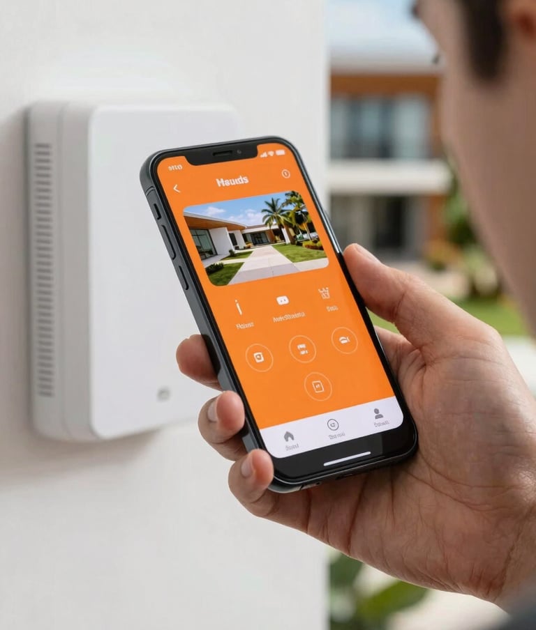 Close up of a professional technician's hand using a smartphone to configure a security system, display shows a vibrant orange interface, blurred South American / Brazilian modern home background.