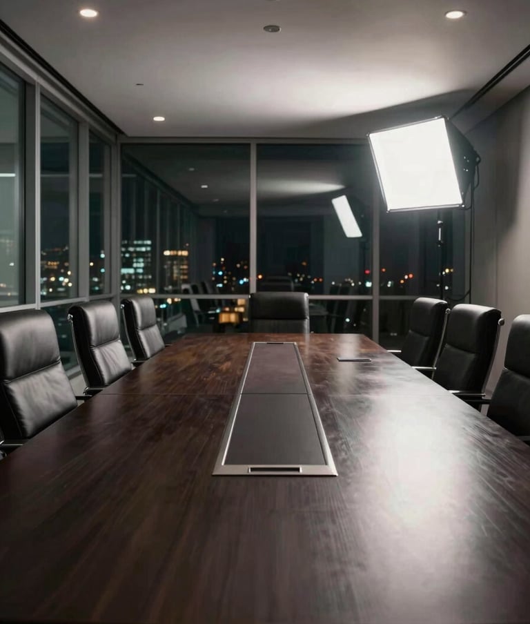 Wide-angle boardroom interior shot from a low power angle, a long dark conference table dominating the frame, leather chairs aligned in strict symmetry, floor-to-ceiling glass panels behind reflecting city lights, studio strobe lighting casting hard shadows on polished surfaces, no people visible