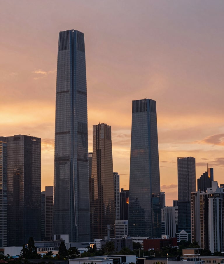A wide-angle landscape photograph of a metropolitan skyline in a major International / Western city during the golden hour. The sky is filled with Warm Sunset Ochre and Dusty Rose Petal hues. Modern glass skyscrapers reflect the light, creating a clean, sophisticated architectural scene.