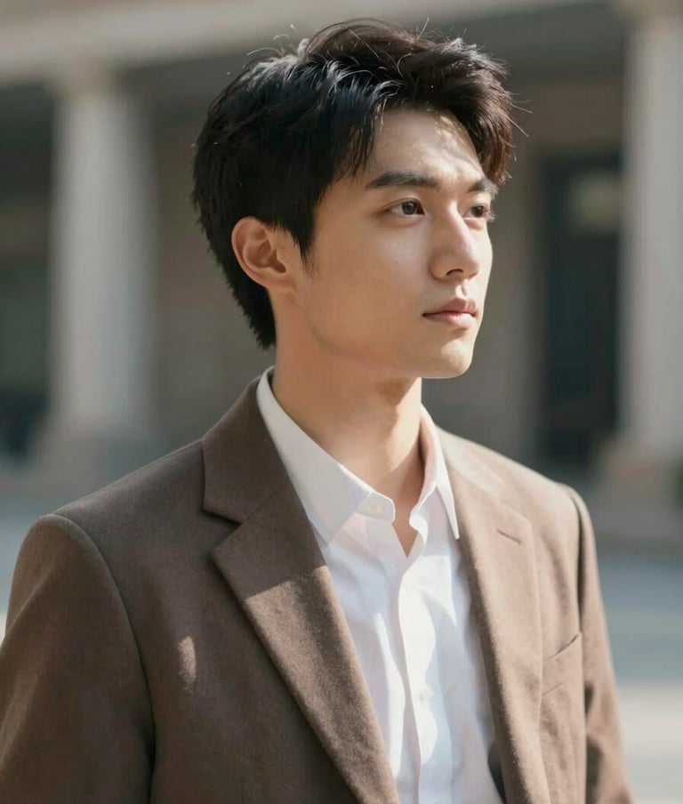 Spontaneous, cinematic portrait of a creative professional in a blurred architectural setting. The person is looking away, natural sunlight. Sophisticated palette of #F8F6F2 and #3A3F3B. Clean composition.