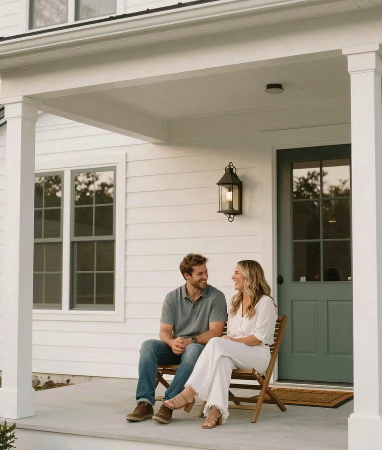 A professional wide-shot of a couple sitting on the porch of a modern North American / US farmhouse. They are sharing a warm, inviting laugh. The atmosphere is sophisticated and clean, using a palette of Off-white and Sage Green.