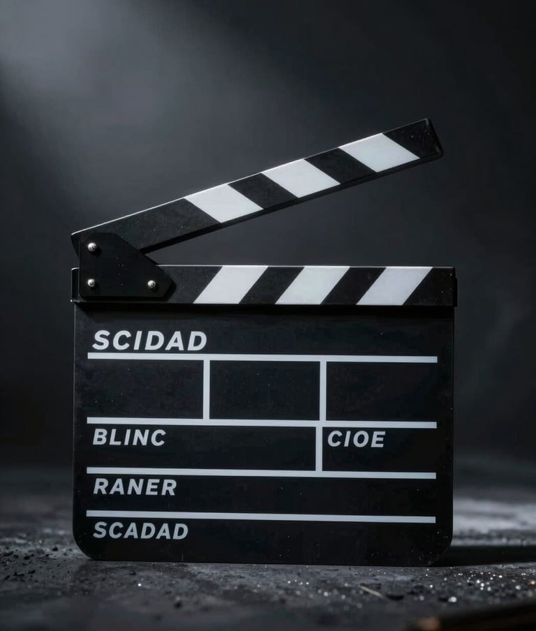 Moody, high-contrast shot of a clapboard on a professional set, deep shadows #0A0A0A, elegant light streaks, cinematic atmosphere.