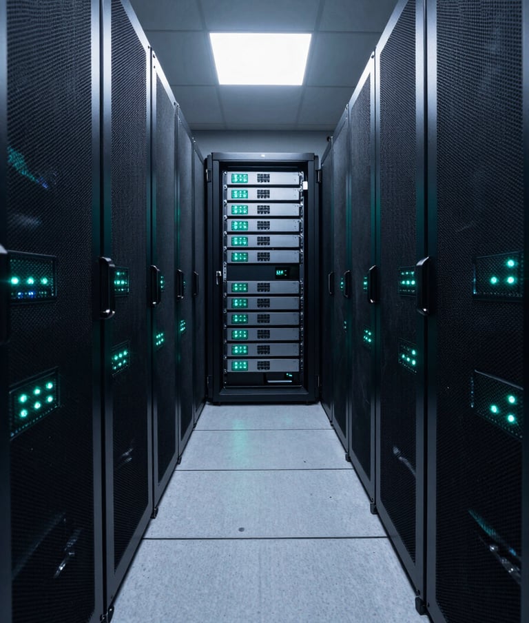 A wide-angle photograph of a secure server room. The perspective is low, looking down a narrow aisle of black server racks with small, glowing status lights in cool slate and steel teal. The overall atmosphere is dark, professional, and high-competence.