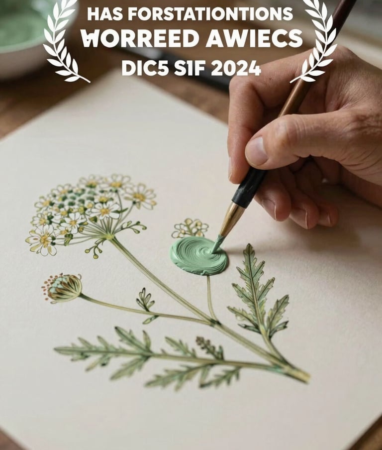 An artist's hand carefully applying a thin layer of sage green paint to a botanical illustration of a wildflower. The lighting is soft and warm, emphasizing the artisan process.