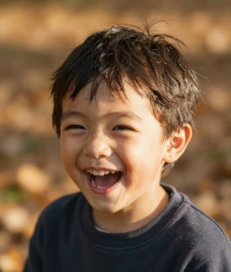 A candid, close-up portrait of a young child laughing, bathed in the warm, natural light of a late afternoon. The background is a soft-focus blur of autumn leaves. The lighting highlights the fine details and creates a sun-drenched, nostalgic atmosphere.