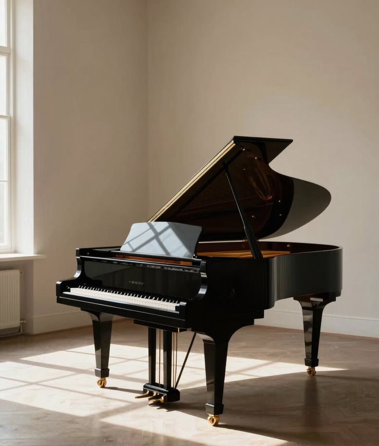 A wide, cinematic shot of a grand piano standing alone in a room with taupe walls. Soft off-white light filters through a high window, casting long, artistic shadows across the floor. Elegant and immersive composition.