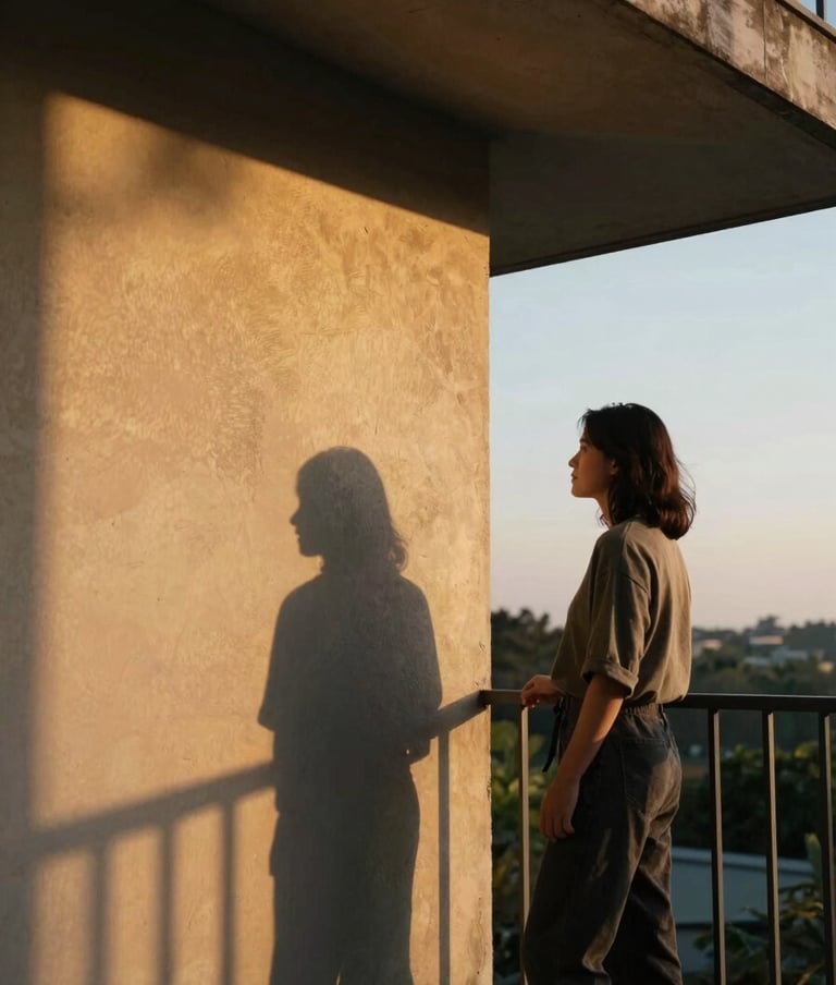 A couple standing on a balcony at sunrise, looking at each other. Cinematic lighting with long dark charcoal shadows and bright golden oak highlights. Authentic, quiet human connection.