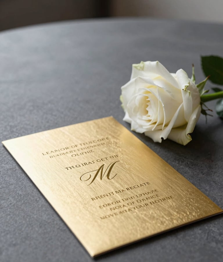Detail shot of a minimalist proposal setup: a single white rose on a charcoal table with a brushed gold invitation, high-end North American interior, clean composition.