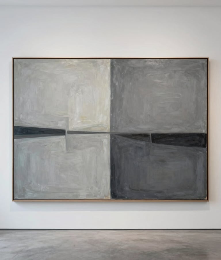 A large-scale minimalist abstract oil painting hanging on a white smoke wall in a spacious European gallery. The artwork features a composition of various light gray and dark gray tones, emphasizing emptiness and balance.