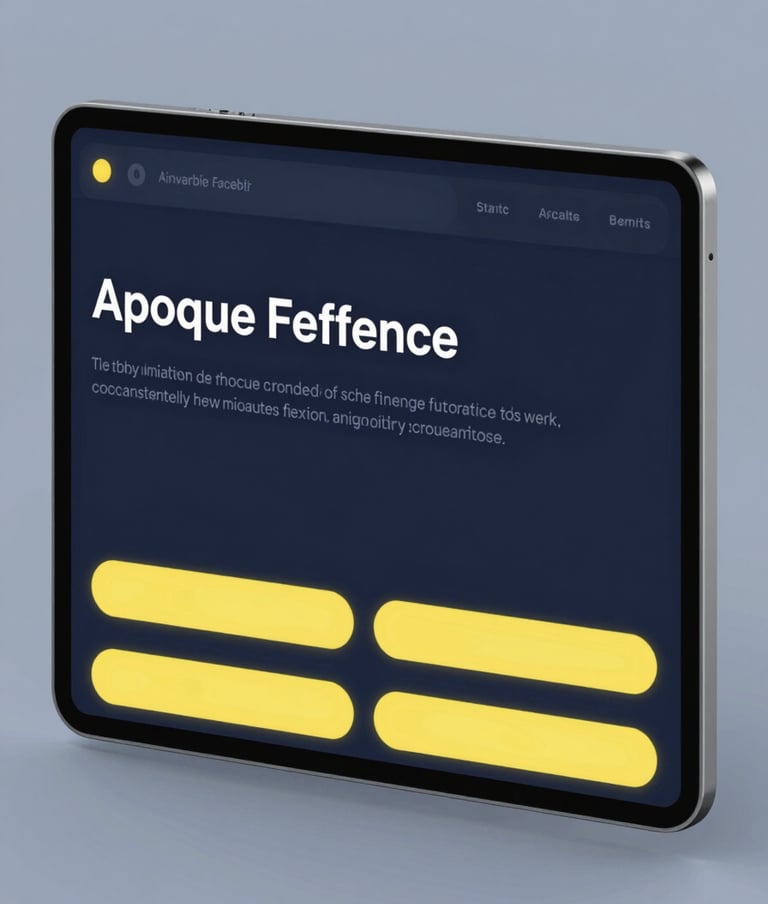 A minimalist and sophisticated user interface displayed on a futuristic tablet. The UI uses a dark blue theme with glowing yellow buttons and typography, showcasing expertise in digital design and forward-thinking professionalism. Soft, diffused studio lighting.