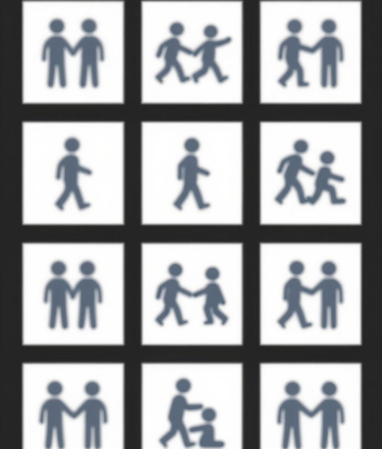 A series of minimalist storyboard sketches on a dark digital canvas, illustrating the movement of a character using clean #d4d4d4 lines and #4A6B8A accents.