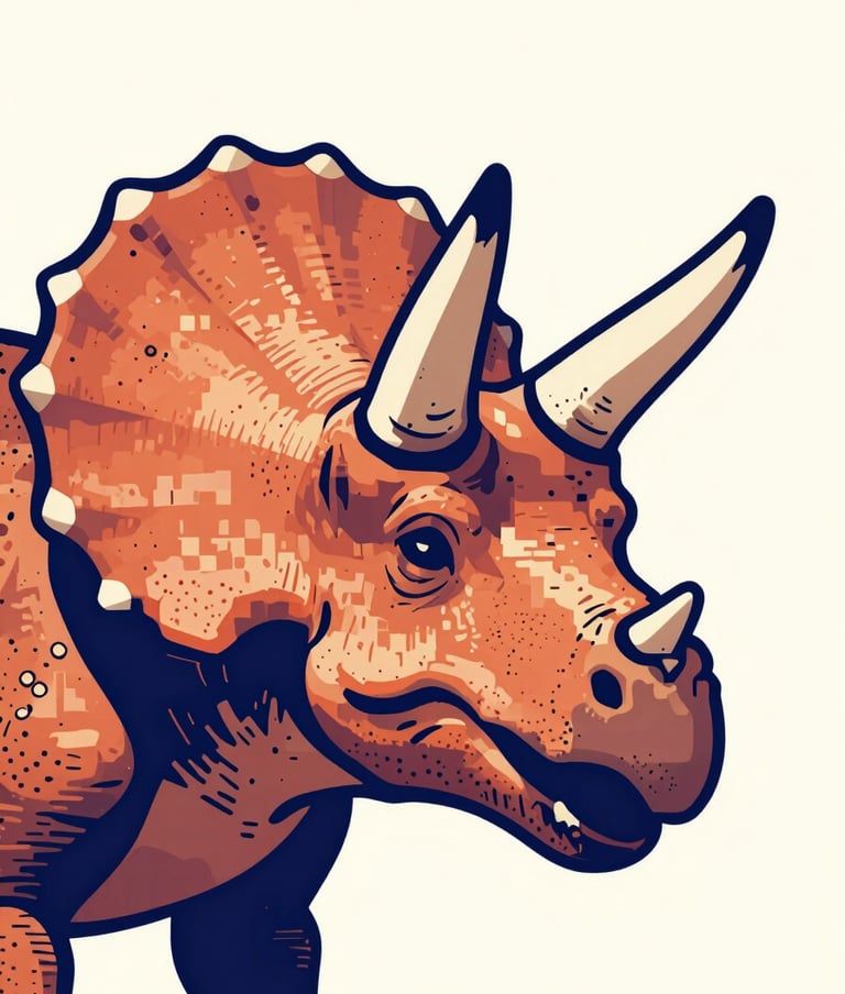 Pop-art style close-up of a Triceratops head. The artwork uses bold #1F3A4B outlines against a #F9F5EF off-white background. The dinosaur's horns are highlighted with #D87D51 terracotta. Minimalist yet energetic composition.