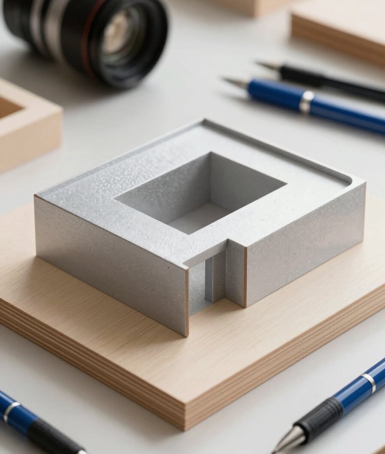 A close-up shot of architectural models made of light-colored wood and silver grey foam board, sitting on a desk in a bright North American / US studio. Professional drawing tools and steel blue pens are scattered neatly around the model.