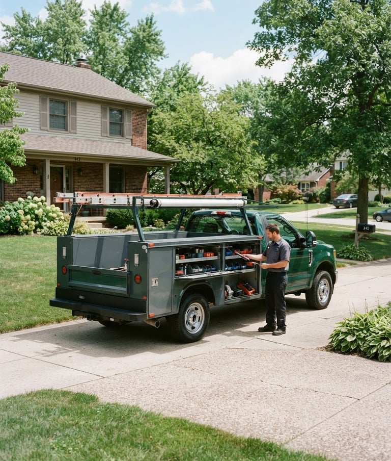 Clean, well-maintained GreenLine service truck parked in a residential driveway in Farmington, Illinois, under bright natural daylight, technician in clean uniform visible near the truck.