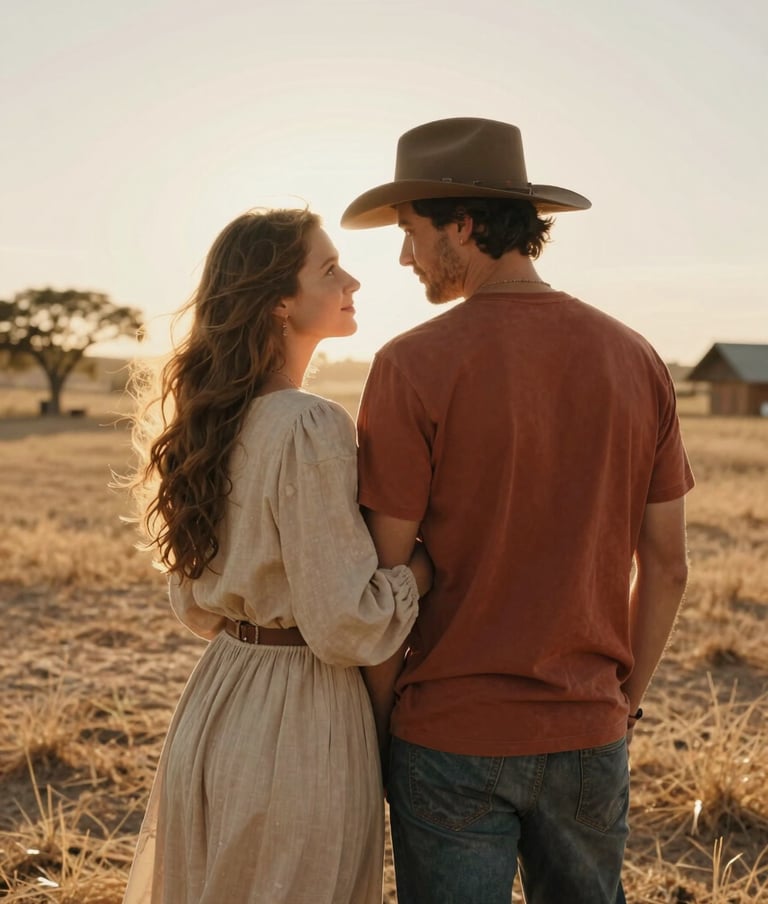 A candid shot of a couple in a Western / Global rural setting, backlit by the warm sun. The environment is sun-drenched, with a hazy, cinematic quality. They wear Soft Sand and Terracotta tones. The mood is intimate and authentic.