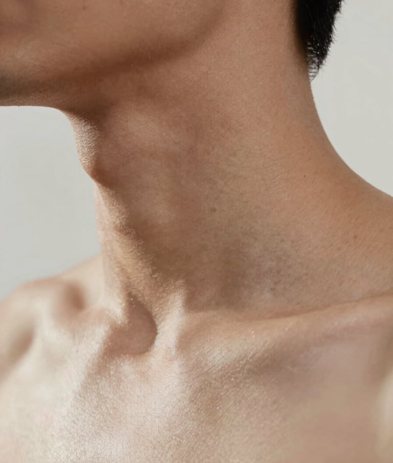 A close-up photography study of the neck and shoulder area. The skin is illuminated by a very soft, faint off-white light that creates high-contrast shadows. The aesthetic is modern and deeply artistic, emphasizing line and shape. North American / US.