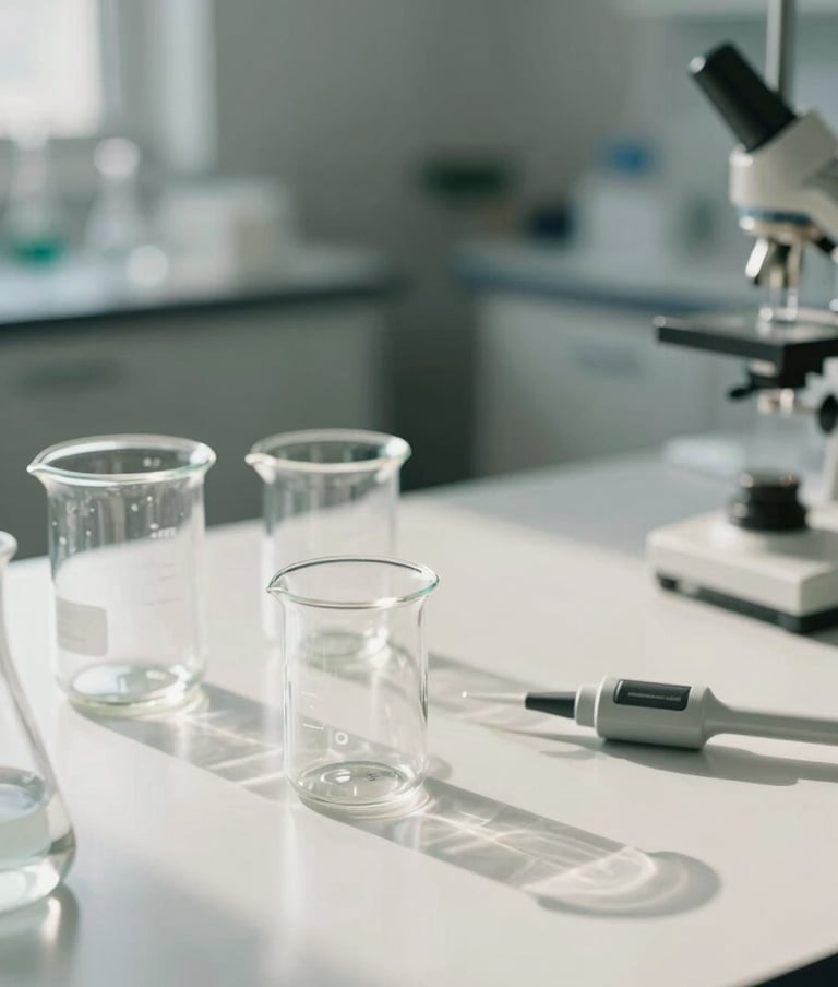 A clean, minimalist arrangement of glass lab beakers and professional pipettes on a polished off-white surface. The environment is a sophisticated North American / US biotech facility, using soft muted sage accents and bright, natural morning light.
