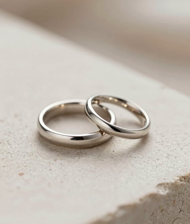 Minimalist close-up of wedding rings resting on a clean, light stone surface (#E0DCD9), sharp focus, soft lighting, airy composition, reflecting a timeless and elegant brand mood.