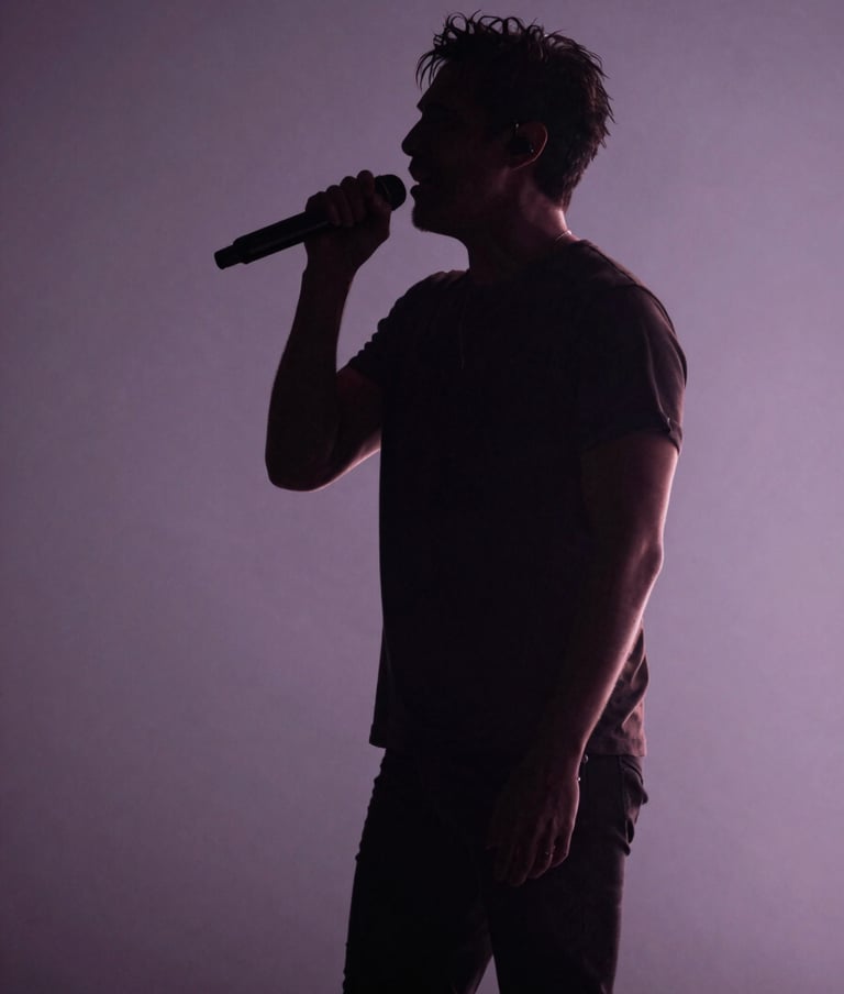 A silhouette of a male lead singer on stage, captured in a powerful vocal moment. Muted plum and dark charcoal stage lighting creates an atmospheric backdrop with soft lavender gray haze, reflecting an authoritative and artistic stage presence.