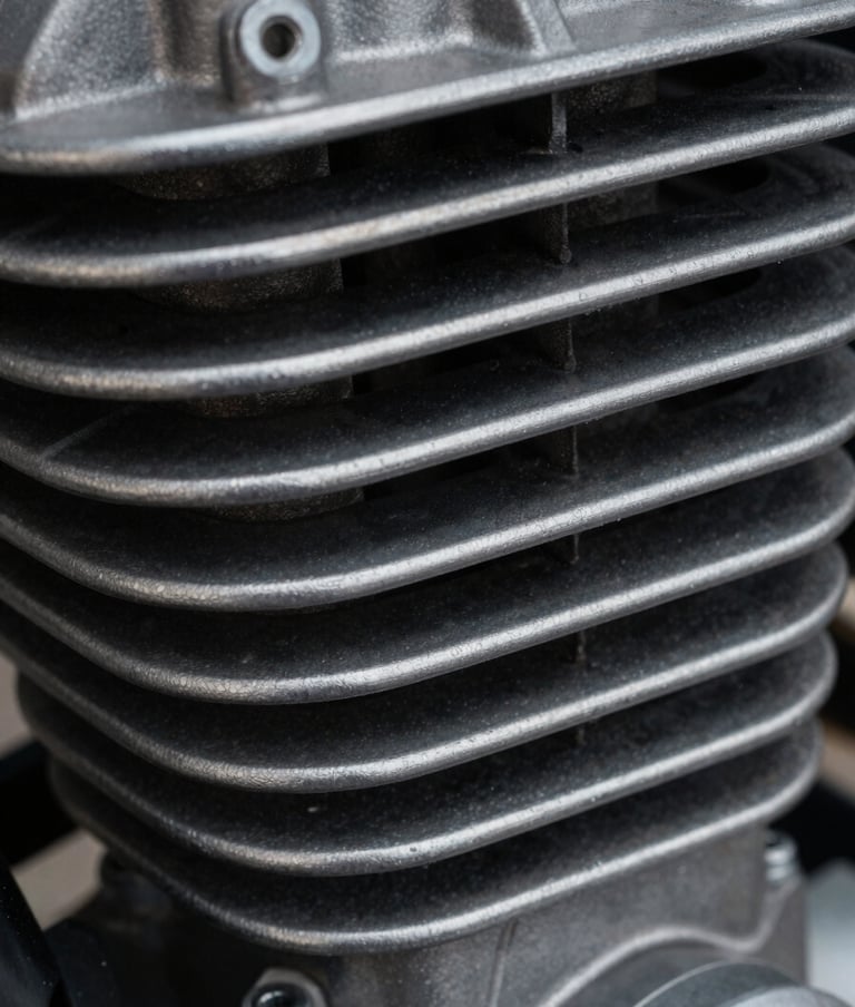 A macro photograph of a motorcycle's engine cooling fins. The composition is tight and abstract, showcasing textures of cool grey metal and dark charcoal shadows. A minimalist, professional shot highlighting mechanical engineering in a Global / Western workshop style.