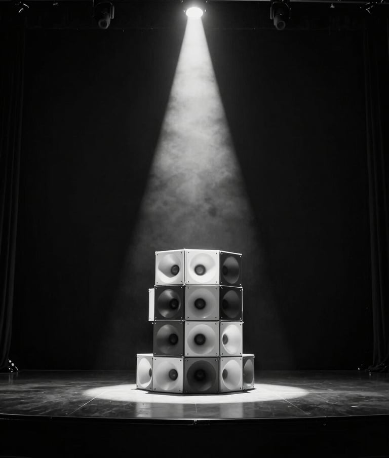 A wide-angle black and white shot of a dark stage. A single beam of white light illuminates a geometric sound installation. Fine art photography style, high contrast, elegant composition in a North American setting.