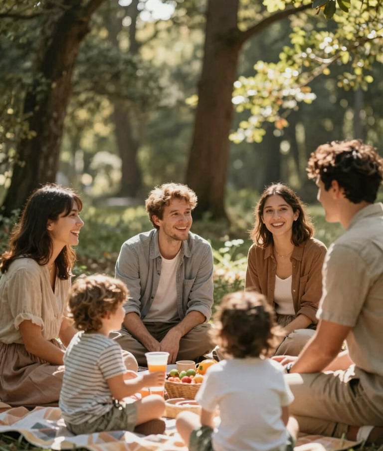 A family picnic scene in a forest clearing. The light filters through the trees, creating a dappled effect. People are captured in mid-conversation, emphasizing real interactions and spontaneous joy. Palette includes #AD7B5B.