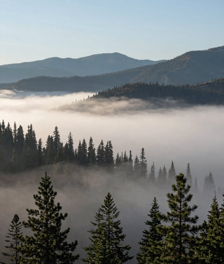 An expansive North American mountain landscape at dawn, mist rolling through pine trees, high dynamic range photography, soft blues and pale grays, inspiring and cinematic composition.