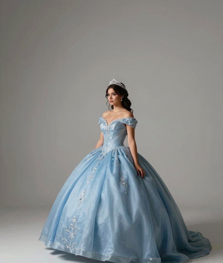A wide photography shot of a quinceañera celebration in a South American / Colombian venue. The composition is minimalist, focusing on the movement of the gown with soft sky blue and deep charcoal accents in the lighting.